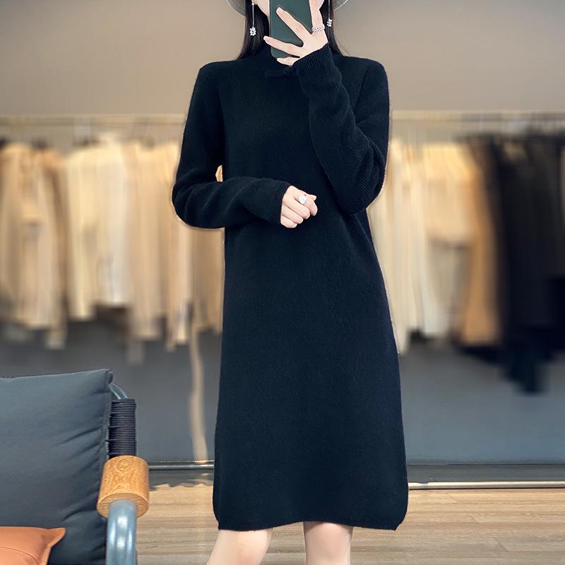 Women's Mid-Length 100% Wool Sweater Dress, Over-the-Knee, Qipao Stand Collar, Winter Slimming Fitted Knit Dress