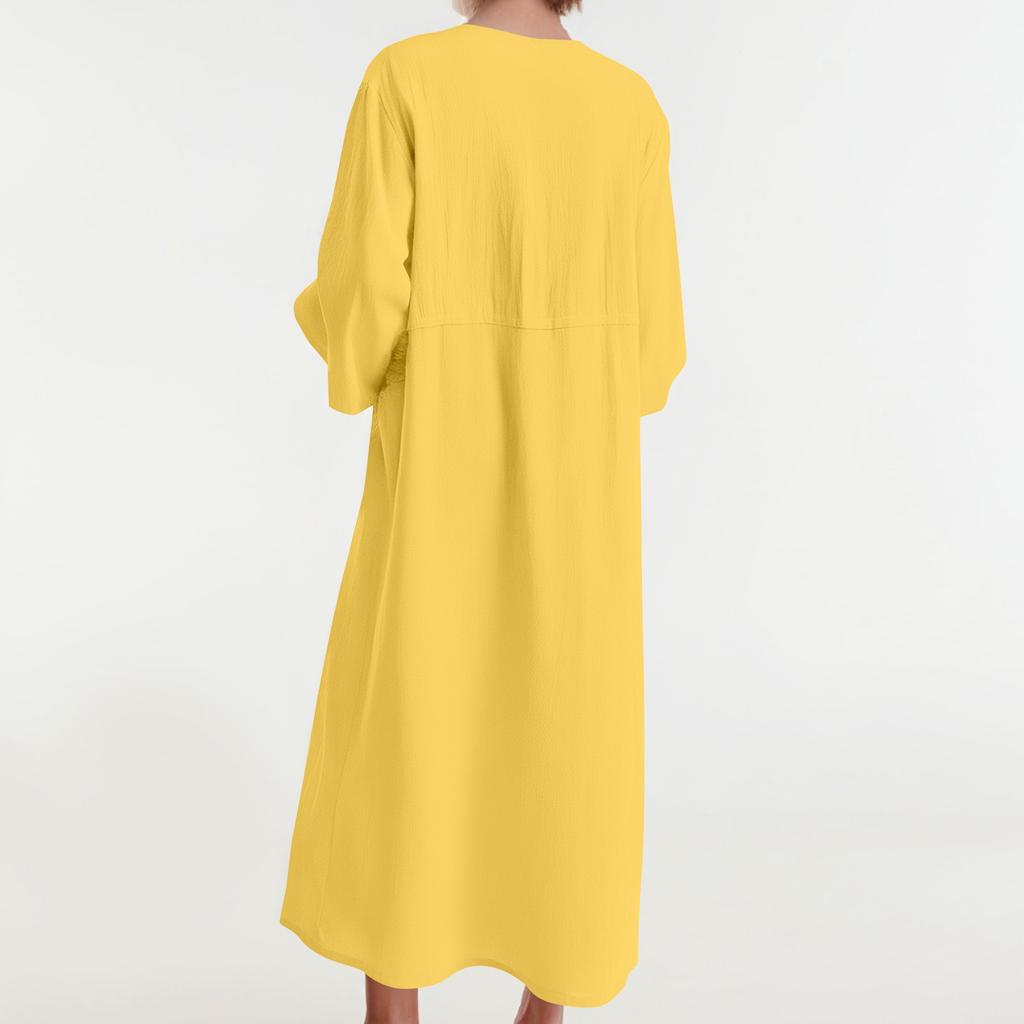 Dámské Módní Barevné Kulatý Výstřih Bavlna Len Dlouhý Rukáv Ležérní Skládané Oboustranné Kapsy Šaty