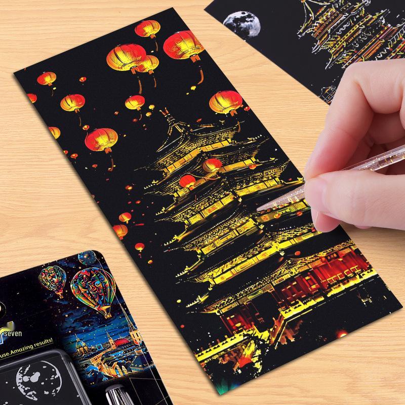 DIY Škrabací umění: Ručně malovaný hrad v noci - Kreativní a barevný dekompresní papír