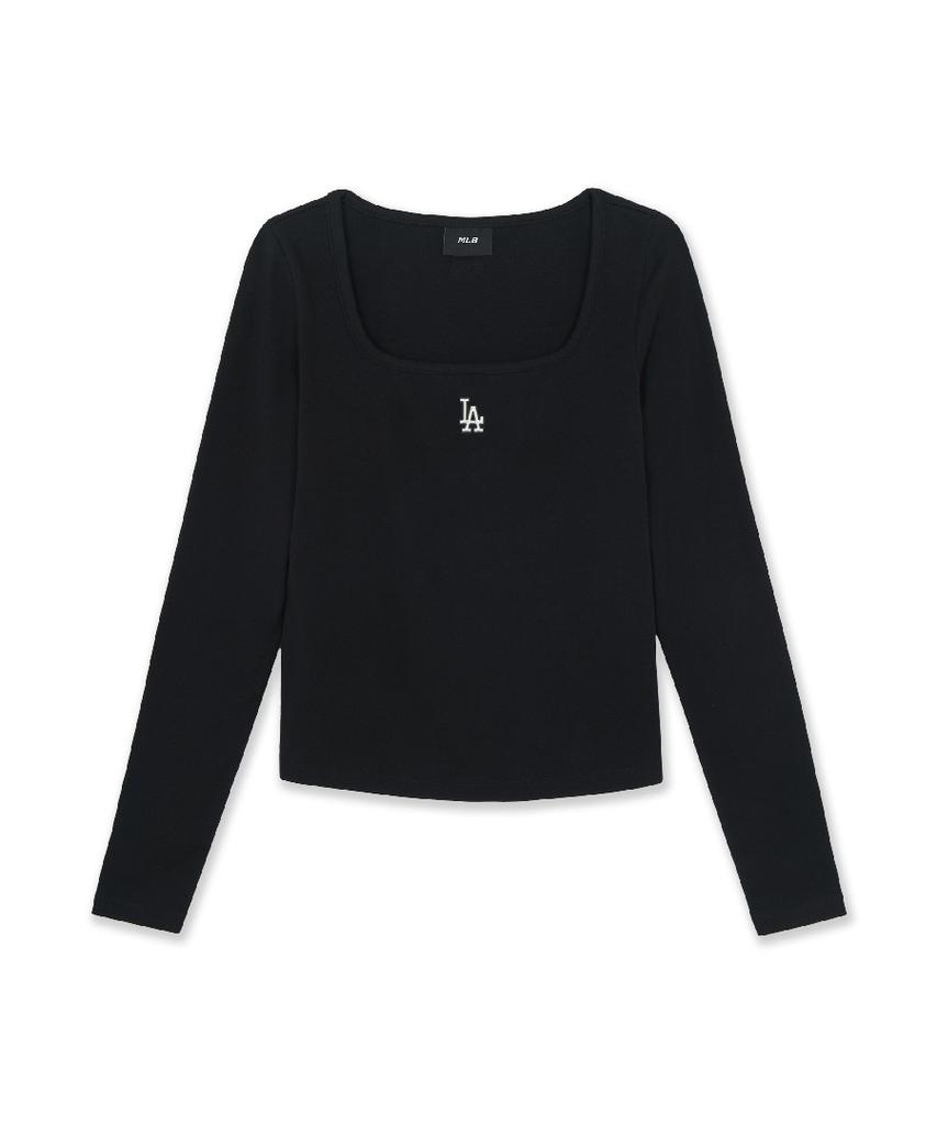Emelbi Women'S Basic Slim Semi-Crop Square Neck Long Sleeve T-Shirt La (Black)