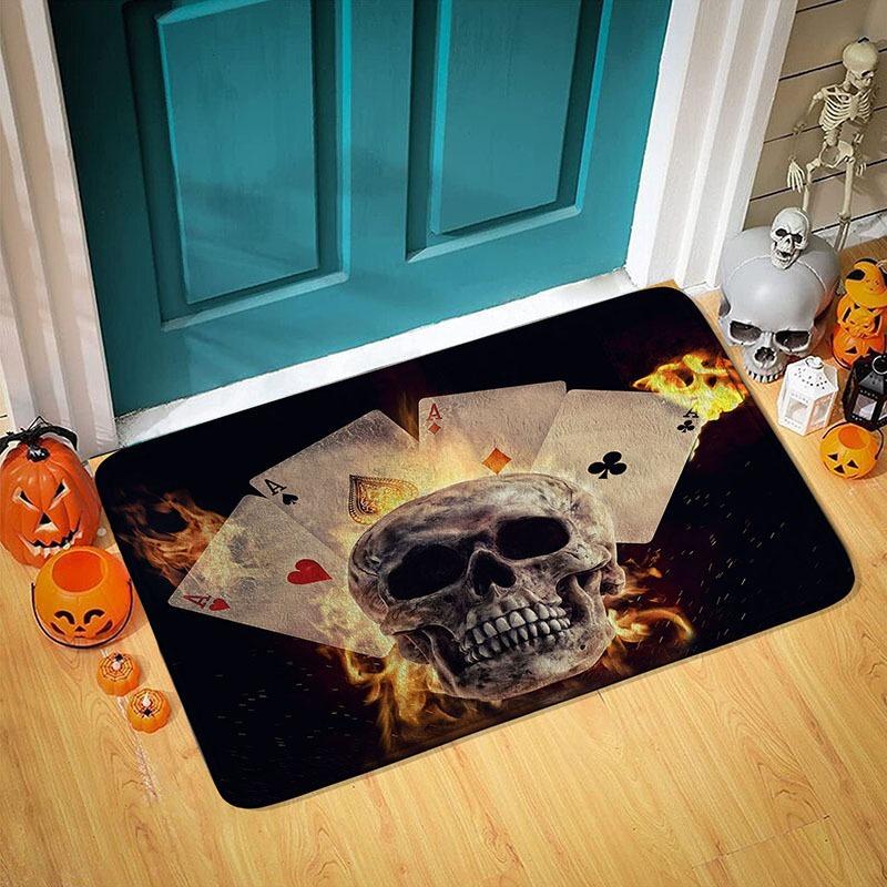 Halloween Themed Door Mat with Pumpkin Skull Reaper Pattern Non Slip Absorbent Outdoor Indoor Welcome Mat for Home Decor