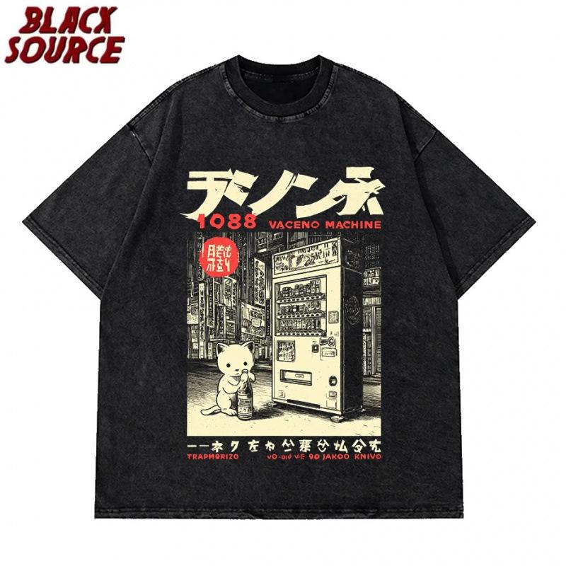 Fashion Personality T-Shirt T0216 Vintage Japan Cat Vending Machine Graphics M