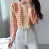 Korean Chic Early Autumn Gentle Style Temperament Color Block Round Neck Short Long Sleeve Plaid Knitted Sweater Cardigan Women