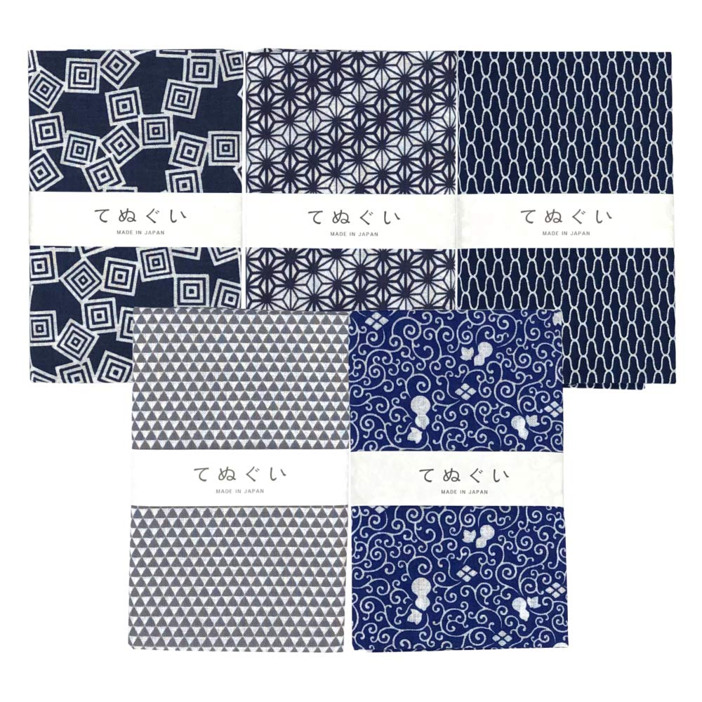 

Set of 5 traditional Japanese tenugui with small patterned designs individually packaged (hand towels) (C), (raw edges).