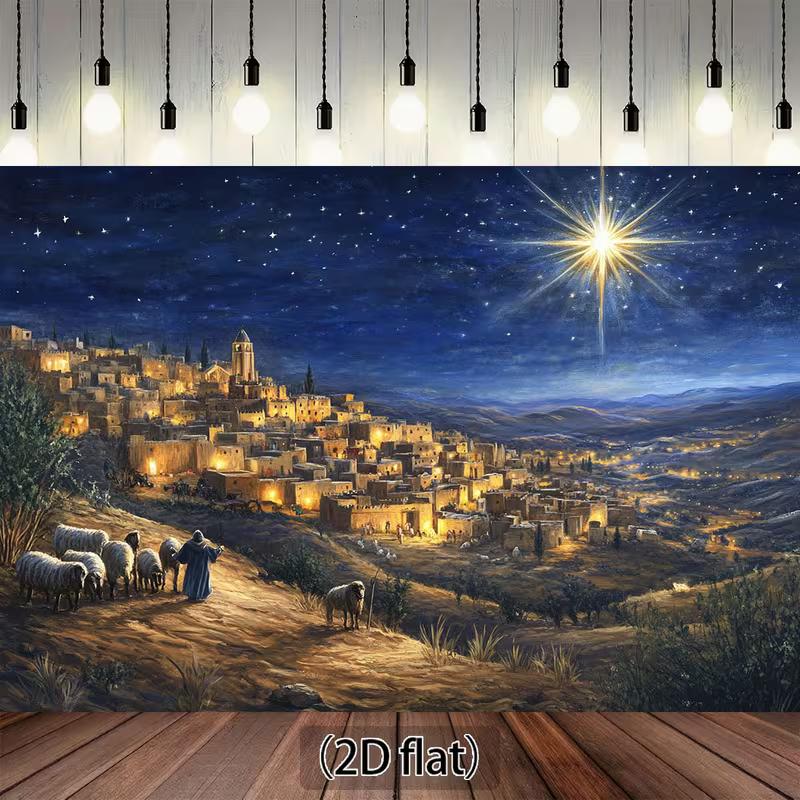 

2D Christmas Star Backdrop, Guiding Star and Bethlehem City Photography Banner 47.2x31.5inch/120*80cm