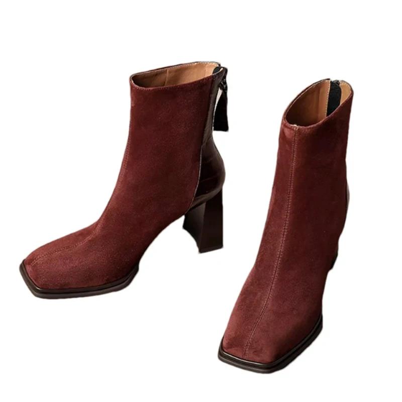 Women Suede Square Toe Ankle Boots Elegant High Heels Shoes Woman 2025 Trend Winter Dress New Pumps Motorcycle Boots Mujer Botas