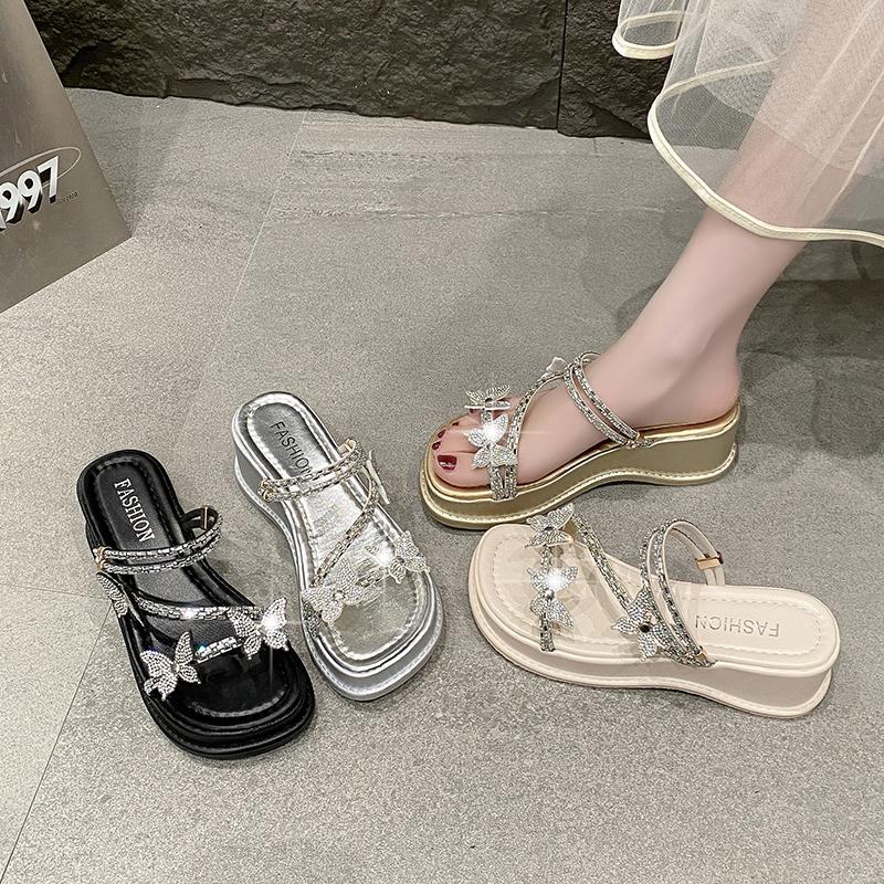 Fashion Ladies Shoes on Sale 2025 Summer Women’s Thick Sole Crystal Butterfly Sandals Round Toe Fashion Beach Outdoor & Classics Shoes