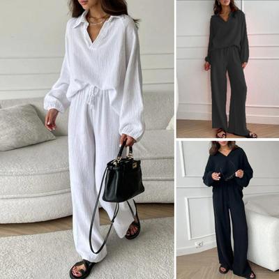 Damen Casual Zweiteiler Set Lockeres Casual Langarm Top Schnürhose Set Weibliches Umlegekragen Lounge Outfit