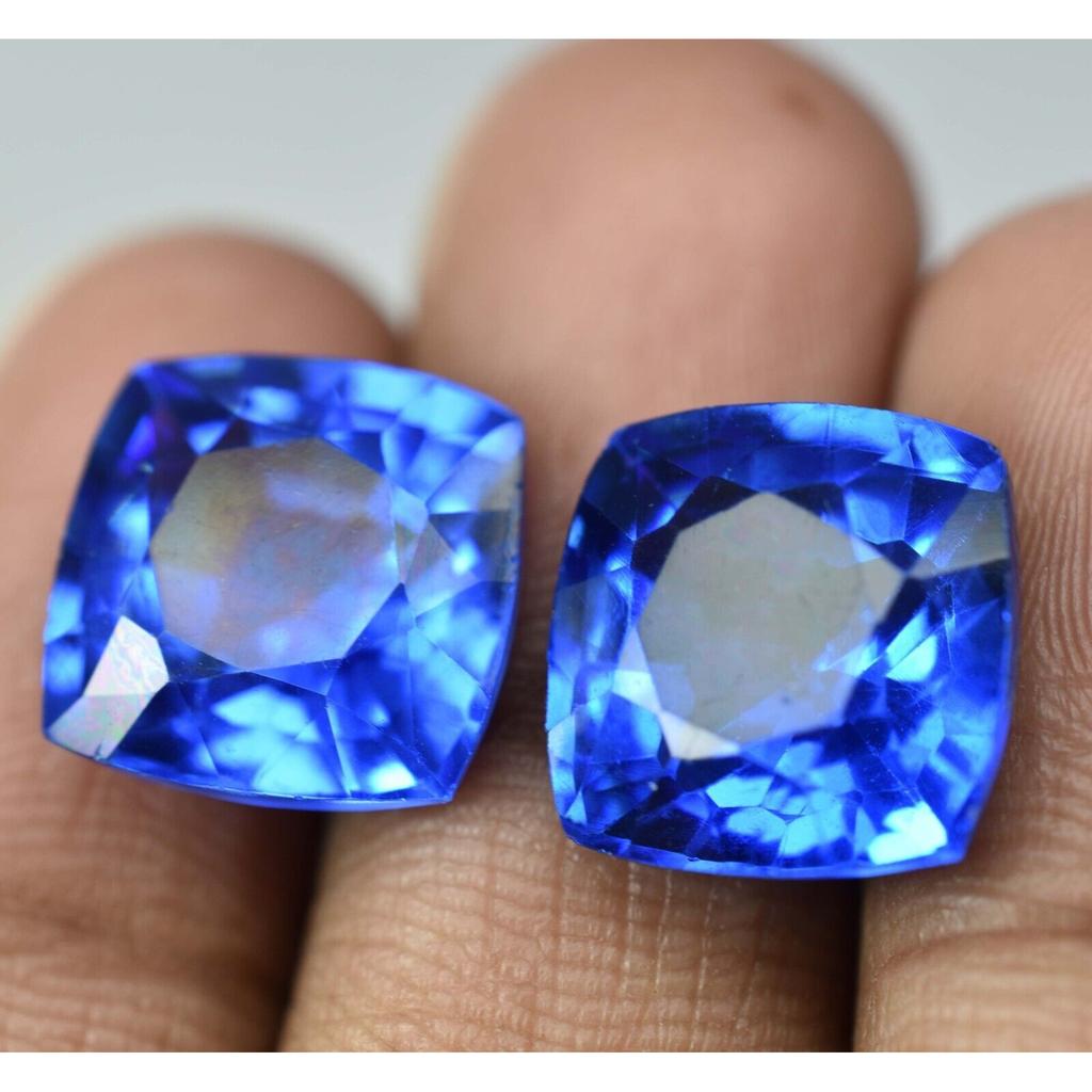 Natural Blue Tanzanite Loose Gemstone 17.15 Ct Square Cushion Pair for Jewelry Making and Crafts