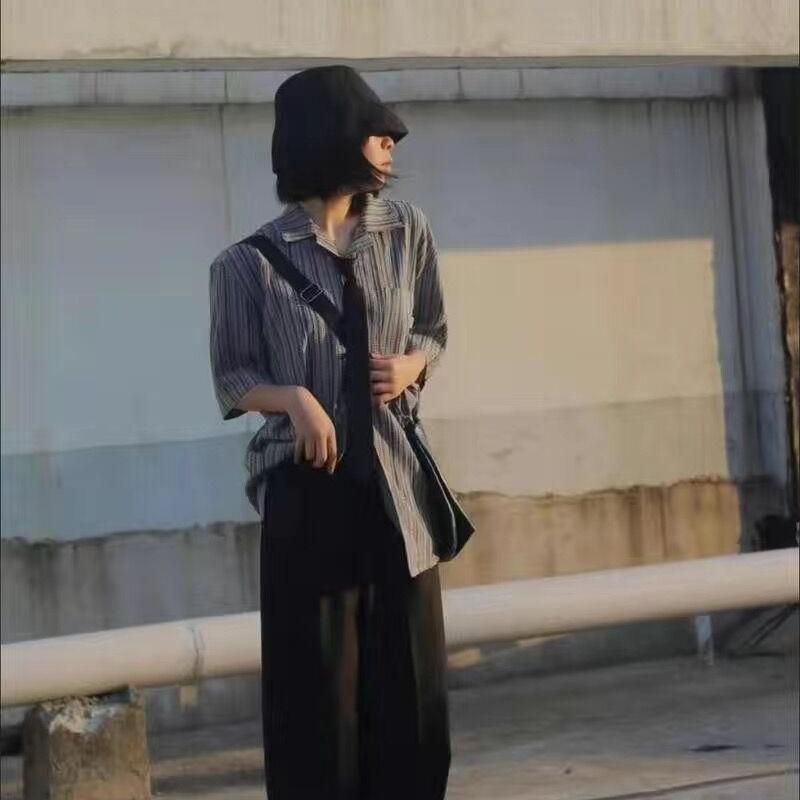 Shirts Women Striped Short Sleeve Summer Vintage Design Japanese Loose Gothic Clothing All-match Trendy