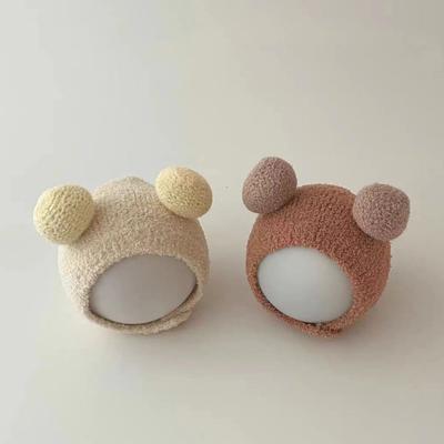 Children Hat With Bear Ear Design Solid Color Button Closure Elastic Breathable