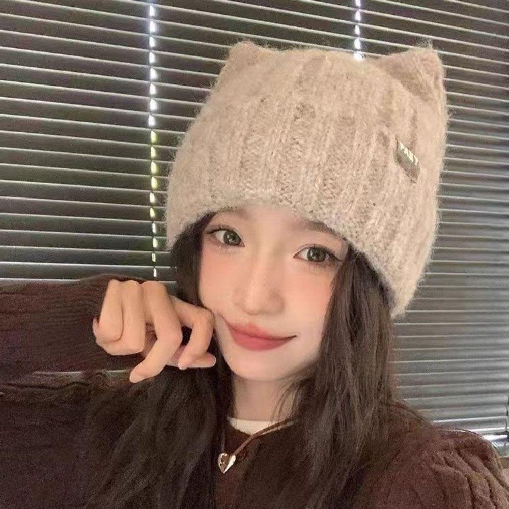 Windproof Knitted Pullover Hat Wool Women Beanie Hats Cute Cat Ears Hat  Female