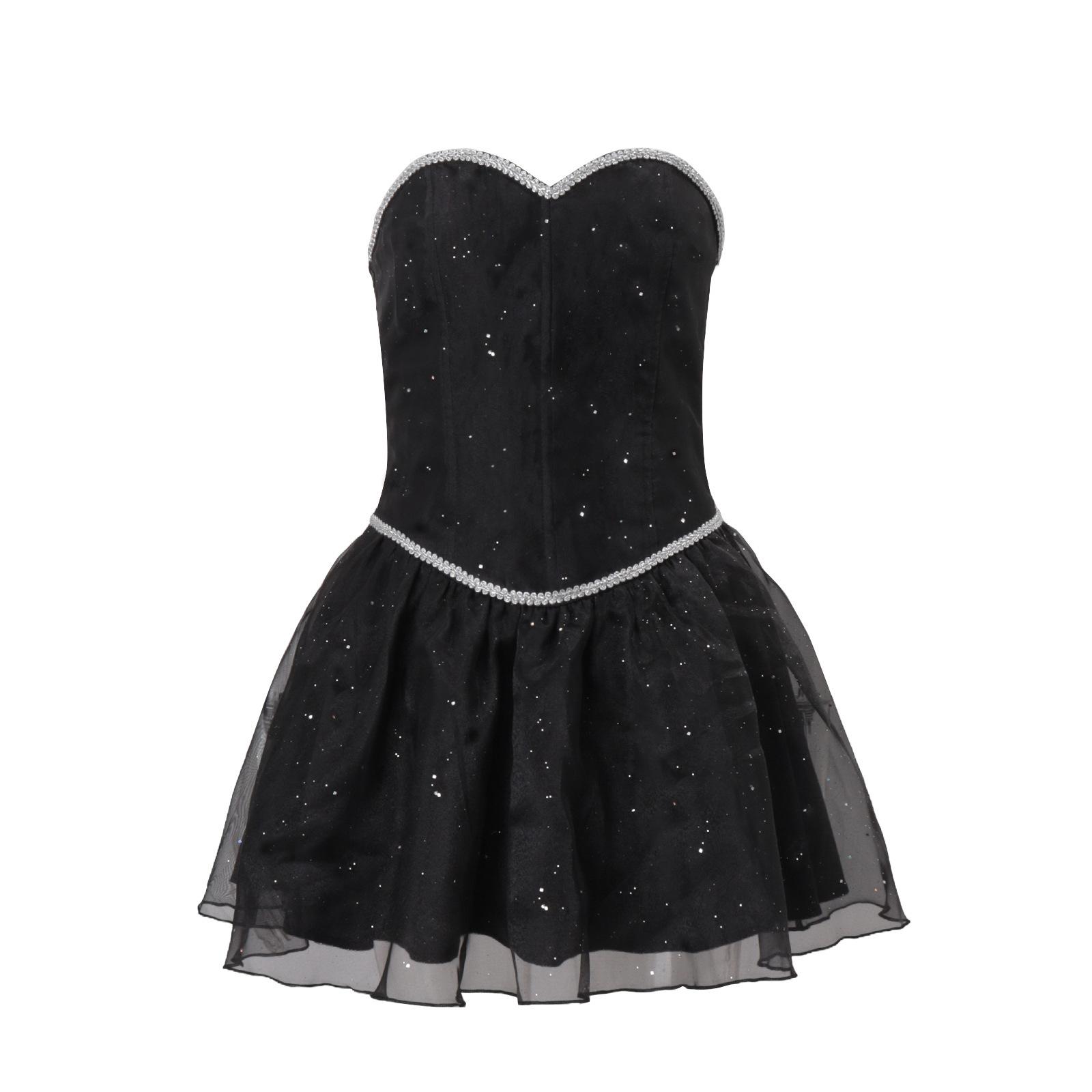 

Princess pinched waist small black dress high-end birthday dress women s one-word shoulder sexy tube top dress S чёрный