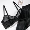 Ästhetisches Y2k Mesh Hollow Out BH-Sets Solider Tanga Lange Ärmel Ultrakurze Bluse Sexy Fun Dreiteiliges Uniform-Set