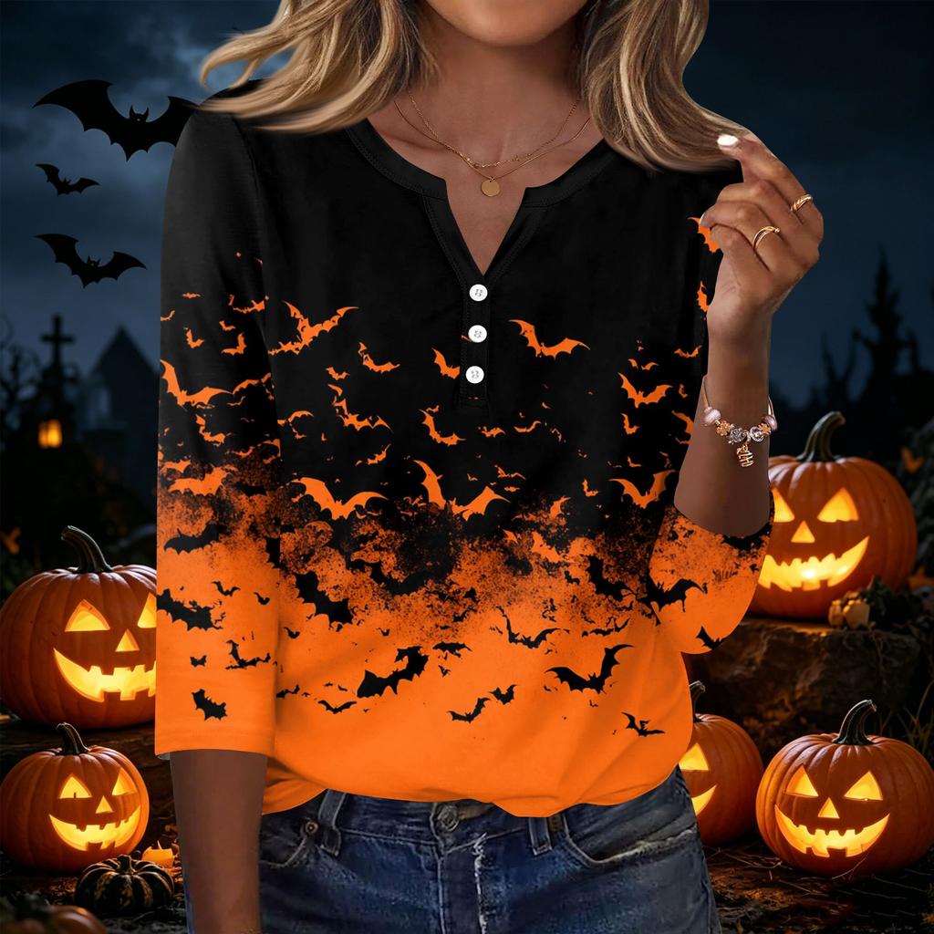Damen Freizeit Top mit Halloween-Print, Henley-Kragen, Dreiviertelärm, festlichem Grafikdruck und lockerer Passform für die Herbstsaison