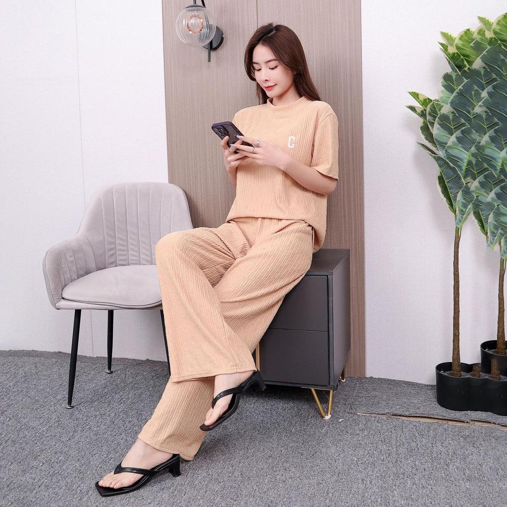 Women's Summer Two-Piece Set: C-Letter Tee & Wide-Leg Trousers