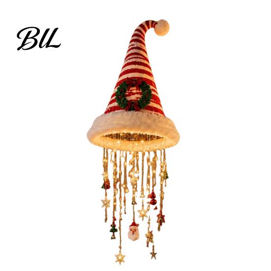 DIY Christmas Ceiling Pendant Light?Up Santa Hat Hanging Chandelier Kit, Warm LED String Lights Outdoor Porch Holiday Decor with Star Tassel, Indoor