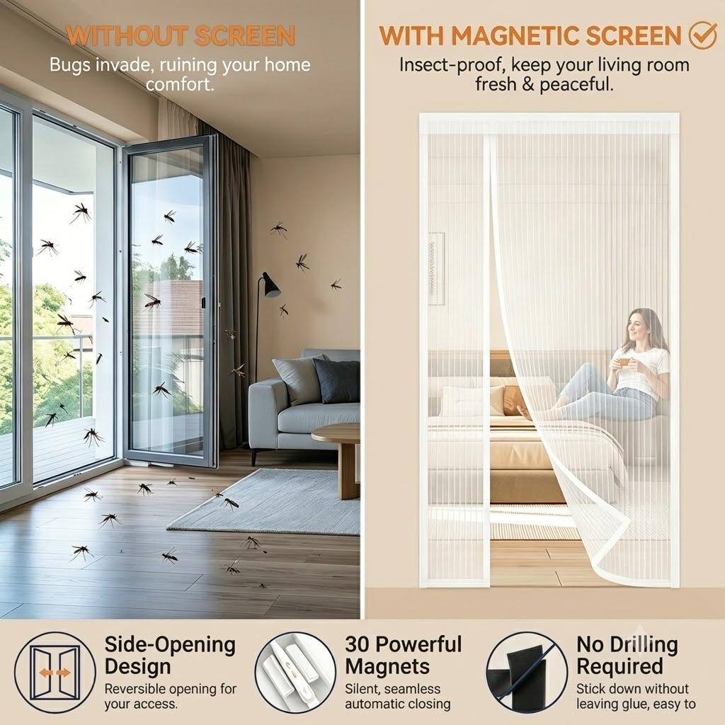 Magnetische Türfliegengitter, Seitlich zu öffnendes doppelseitiges magnetisches Türfliegengitter, Insektenschutz, Polyestergewebe, Hochdichtes atmungsaktives Netz—Weiß