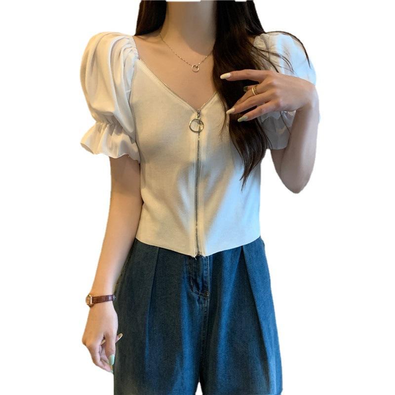 High-waisted Short Navel V-neck Bubble Sleeve Zipper Versatile Tops Design Sense Niche Tight Sexy Short-sleeved Summer Casual Slim Fit Pullovers Tees