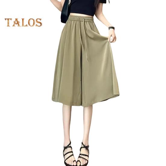 

Женские брюки-юбка с эластичной резинкой на талии и регулируемым шнурком, укороченные брюки из ледяного шелка, однотонные повседневные брюки-кюлоты свободного покроя 2XL зелёный