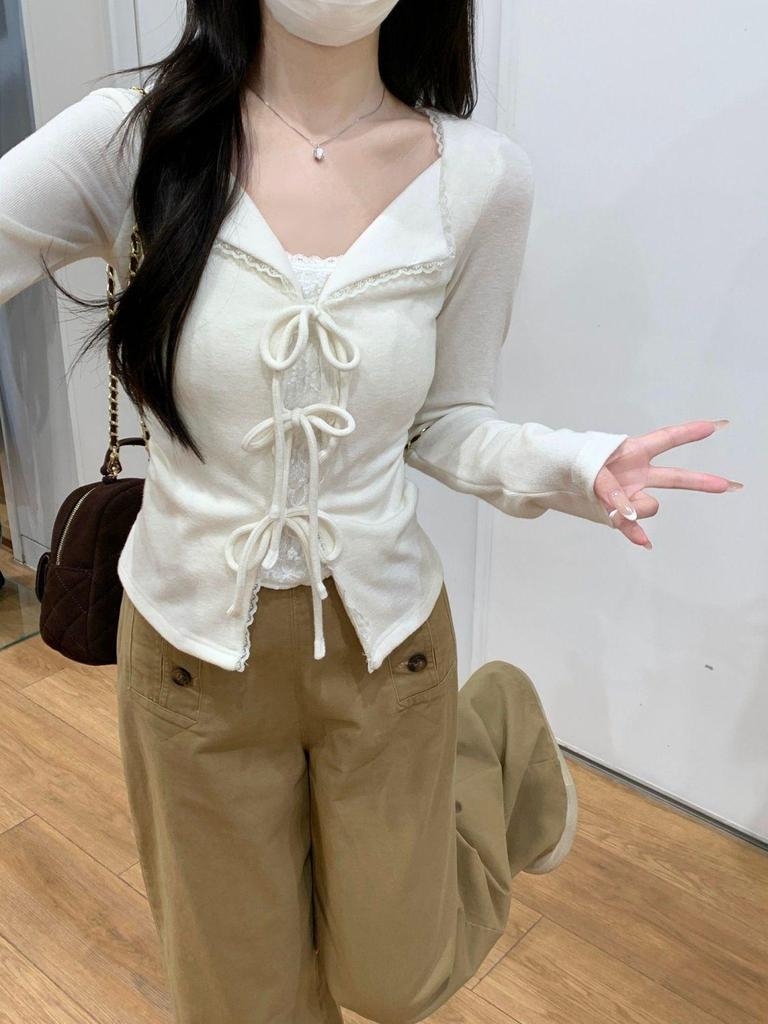 Miu Style Slim Lace-Up V-Neck Two-Piece Cinched Waist Long Sleeve Top
