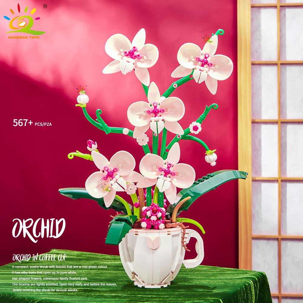 Květinová Orchidej Kávový Šálek V květináči Stavebnice 3D Kytice MOC Kostky Stavebnice DIY Domácí Dekorace Rostliny na Stůl