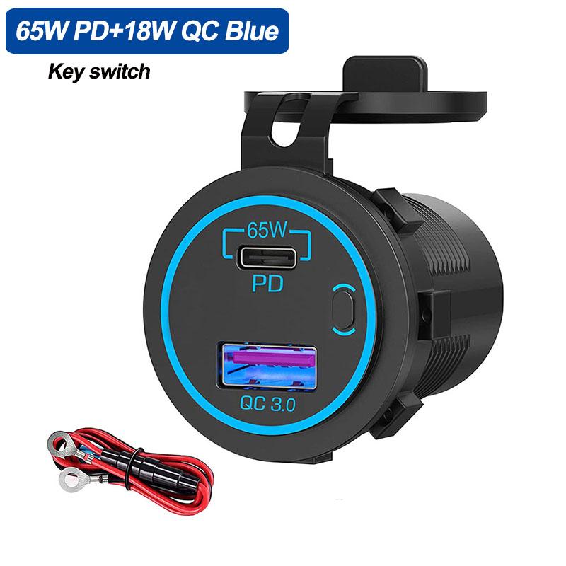 65 W PD-Autoladegerät, 12 V, 24 V, USB-Steckdose, Laptop, Motorrad, USB-C, PD, QC 3.0, USB-Anschluss, wasserdicht, mit Netzschalter für Wohnmobil