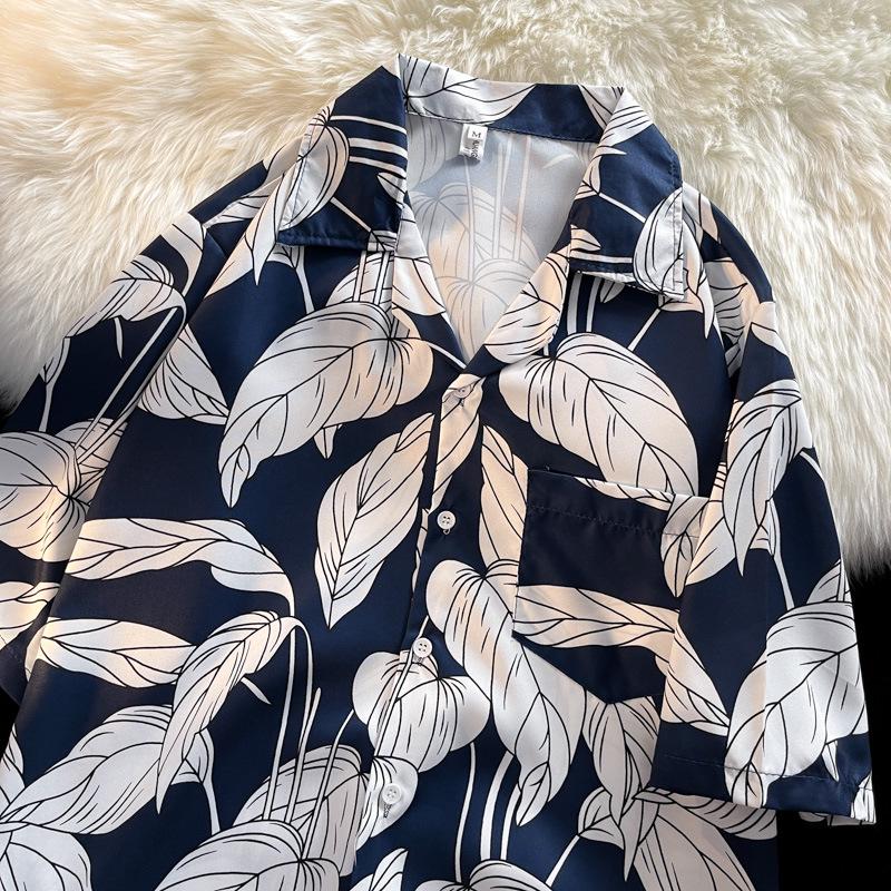 Unisex Vintage Kubakrage Blomsterskjorte - Løs passform, Hong Kong-stil, Kort erm, Perfekt for strand og par