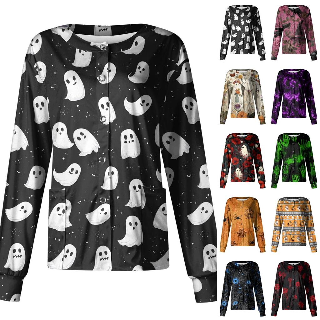 Women's Casual Long Sleeve Single-Breasted Halloween Print Cardigan Top for Fall