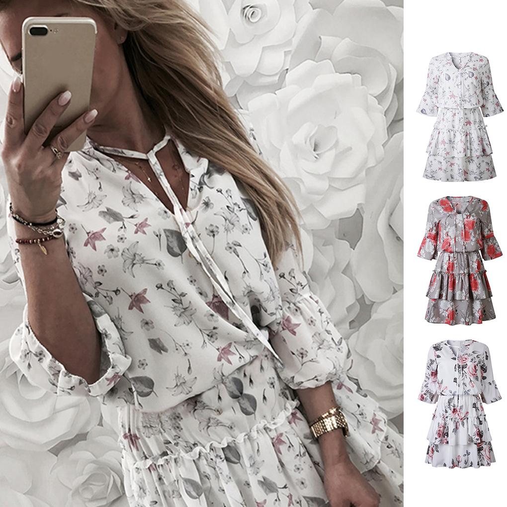 3/4 Sleeve Summer Dress Women Summer Dress Strappy V-Neck Ruffle Hem Dress