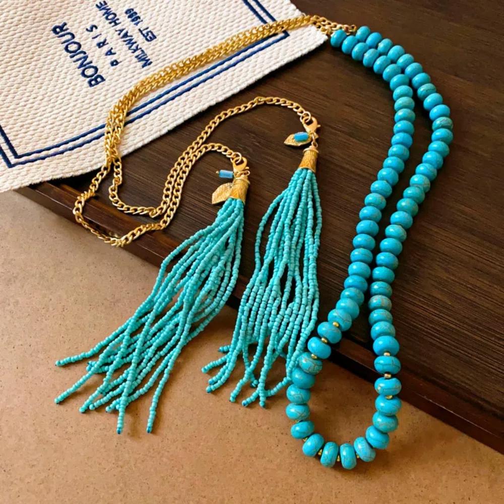 Hanging Neck Bohemian Waist Chain Rice Beads Sweater Chain Portable Long Turquoise Necklace  Girls