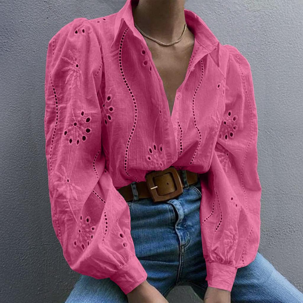 Women's Fashion Casual Hollow-Out Puff Sleeve Solid Color Long-Sleeve Top