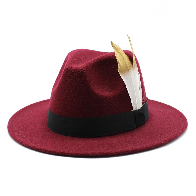 Trendy Wide-Brimmed Hat Woolen Top Hat Versatile Feather Flat Edge Jazz Hat British Style