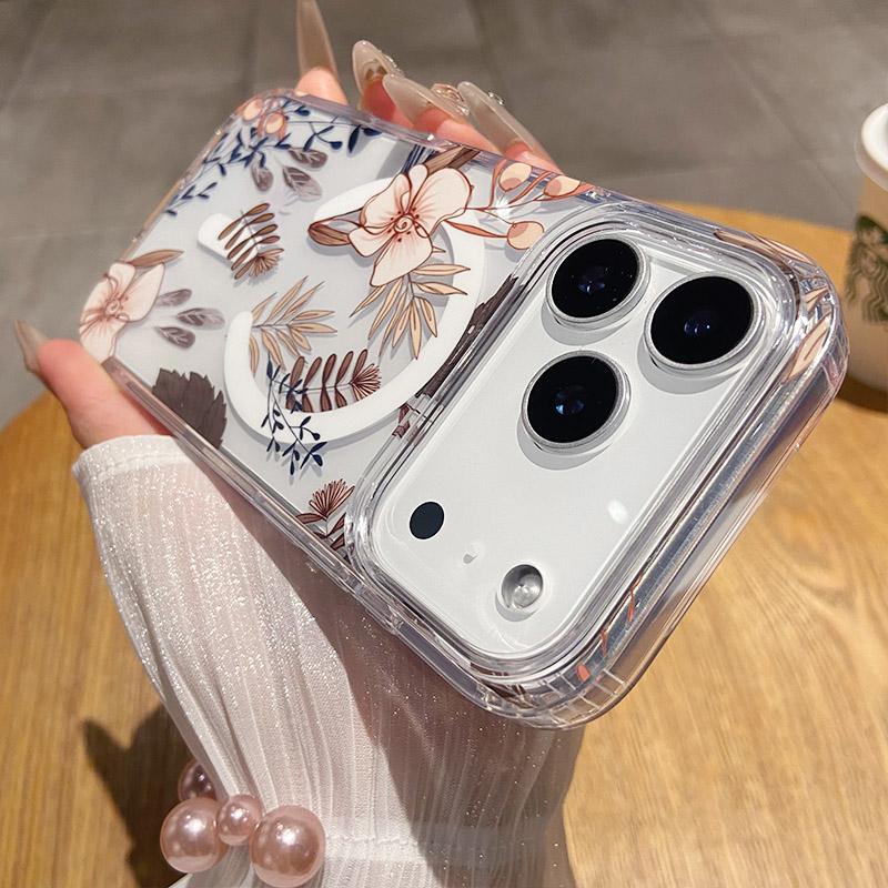 for IPhone 17 Air 16 15 14 13 12 Pro Max Clear Hard Acrylic Cover Luxury Glitter Flower for Magsafe Wireless Charge Magnet Case