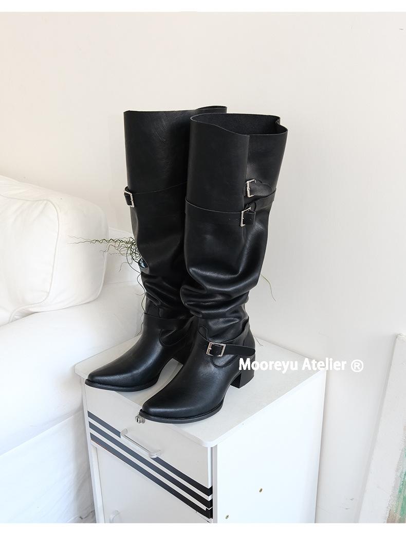 

Супер Огненные Ботинки Брюки Брюки Ботинки Женские 2025 Весна Новые Острый Носок Толстый Каблук До Колена Сапоги Гармошкой Большое Голенище Уайт Ботинки 35