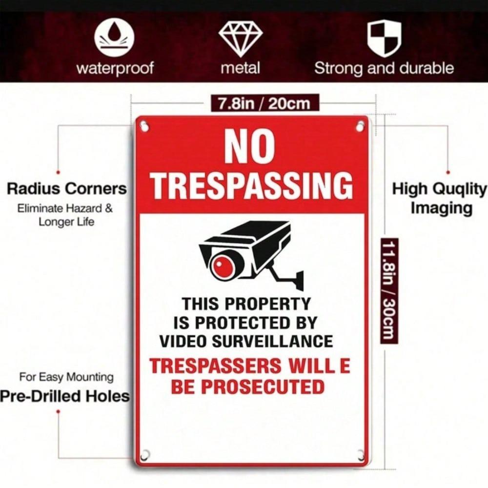 1pc 2D Flat Tin Sign No Trespassing Video Surveillance Retro Metal Plaque, 12x8 Inch Vintage Wall Decor for Home Living Room