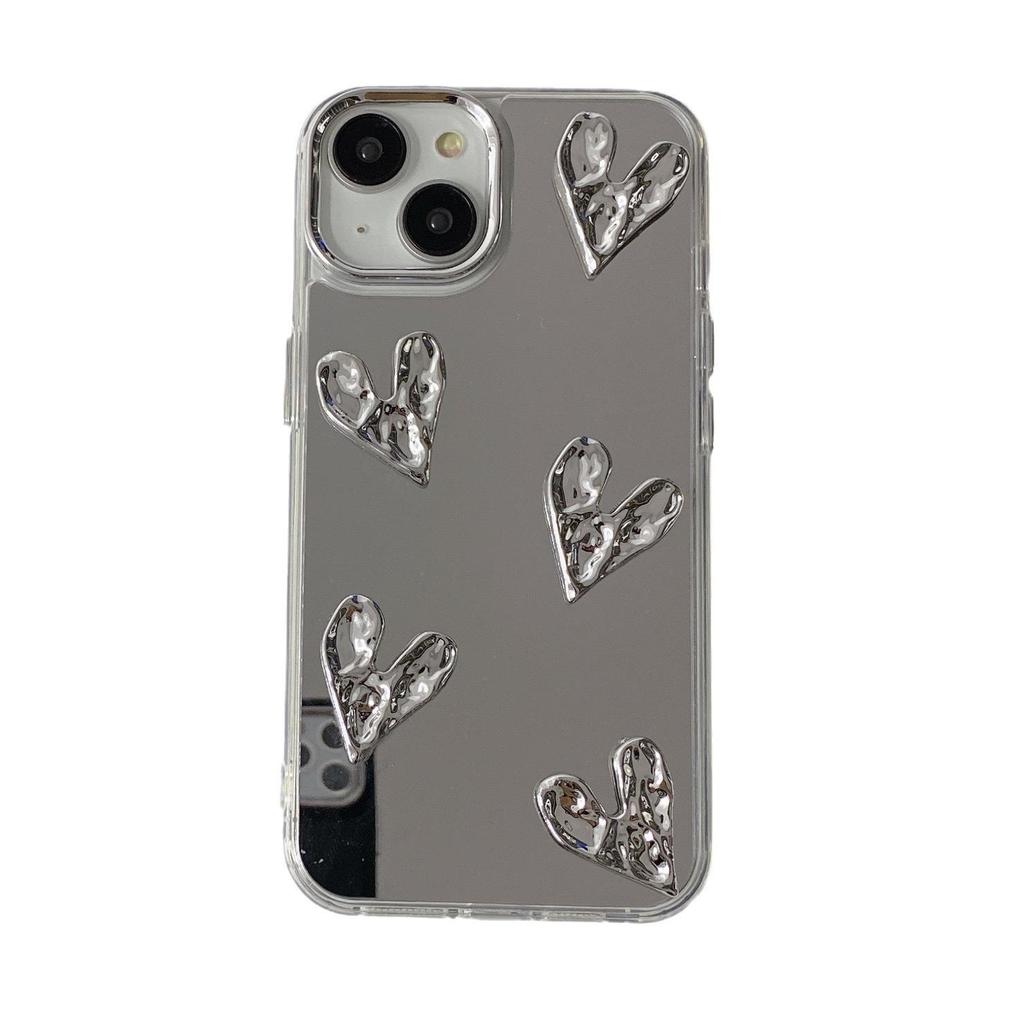 Silver Heart Bracelet Phone Case for iPhone 12/XR/13 Pro/15/16 with Mirror and Bear Design.