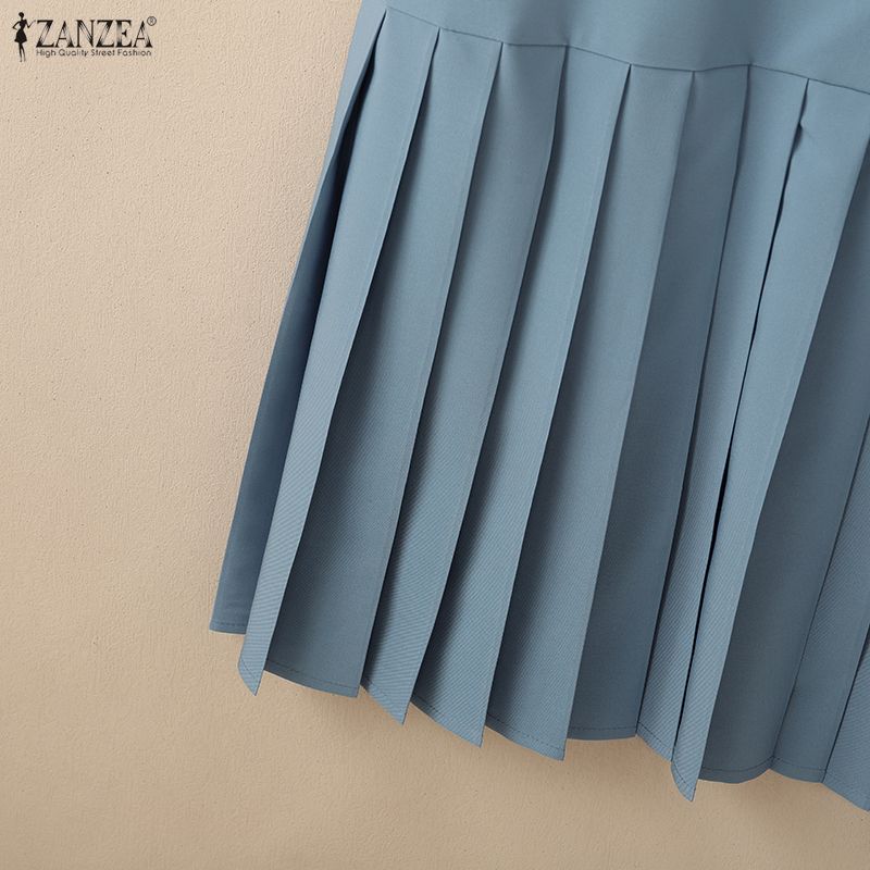 ZANZEA Women Casual V-Neck Solid Color 3/4 Sleeve Pleated Dress