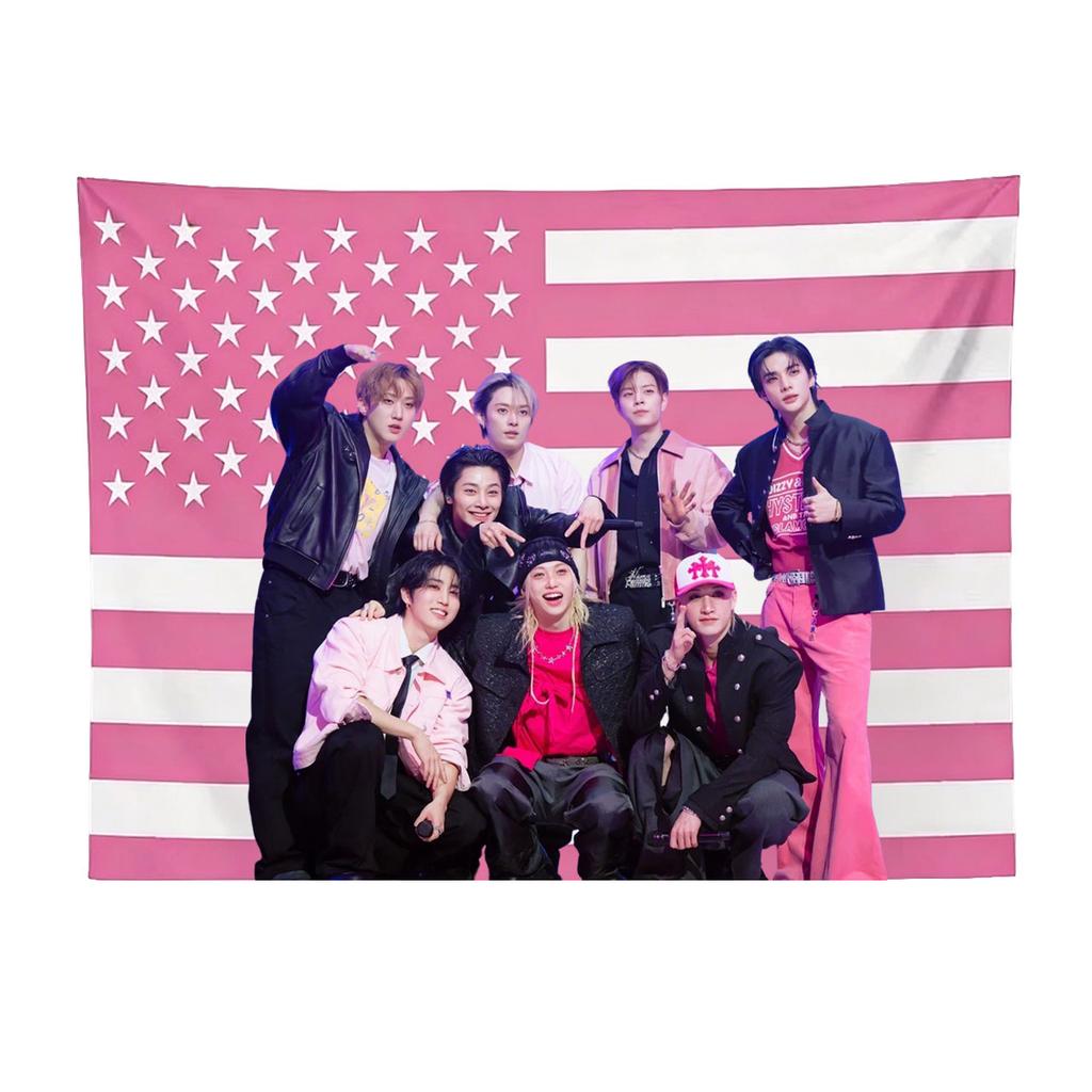 SKZ 2025 Tour Pink American Flag Tapestry SKZ Group Stage Photo Wall Hanging Kpop Merch For Stay Room Decor Flat Print
