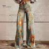 Women Retro Casual Pants Mid-rise Button Zipper Fly Wide Leg Long Trousers with Pockets Digital Floral Print Leisure Trousers Streetwear