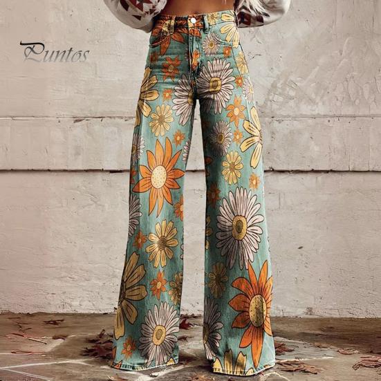 Dame Retro Casual Bukser Middels høyde Knapp Glidelåsgylf Vidt ben Lange Bukser med Lommer Digitalt Blomsterprint Fritidsbukser Streetwear