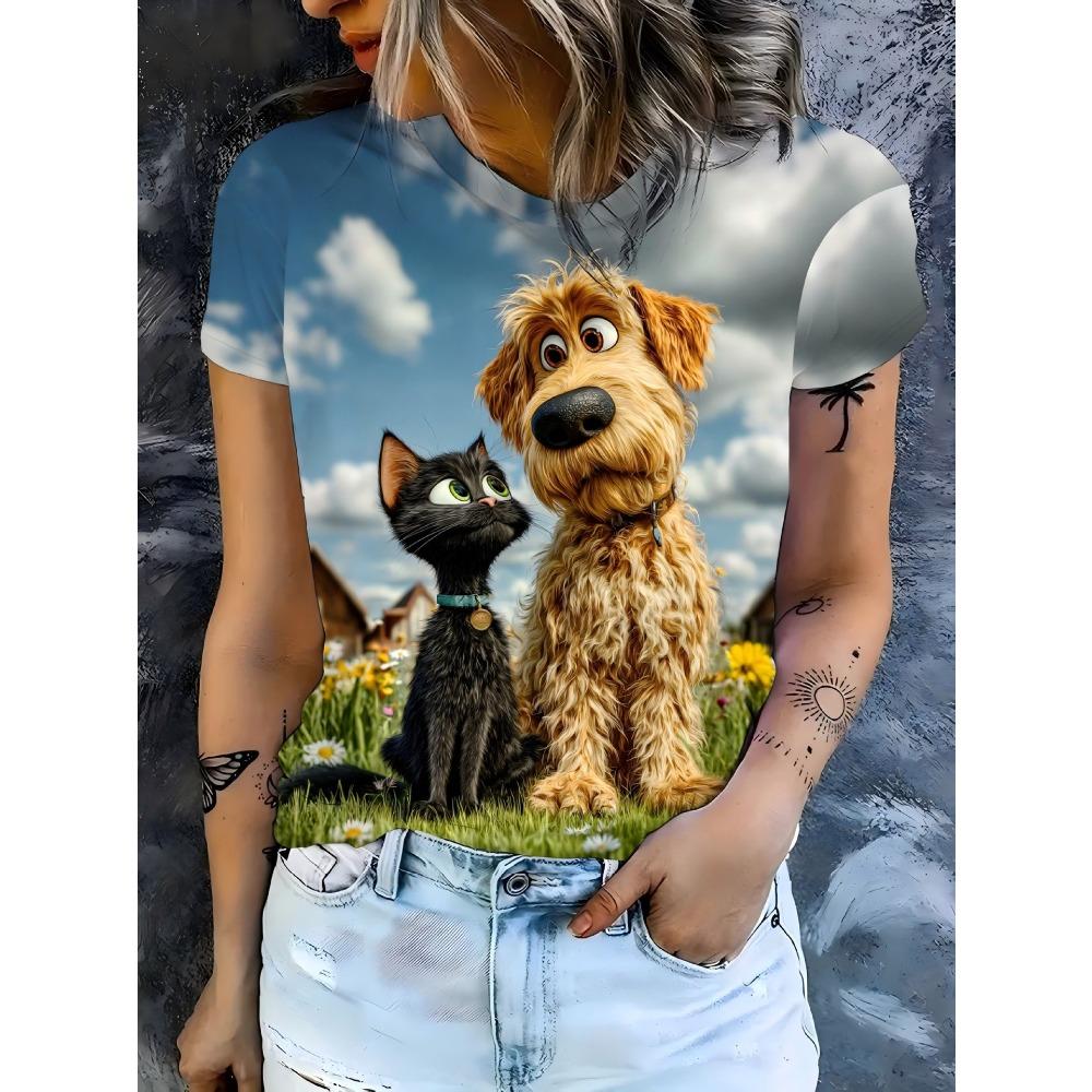 Summer Women's Round Neck Short Sleeved Animal Cartoon Portraits Series 3D T-shirt Fashionable Comfortable Breathable Loose Large Size T-shirt