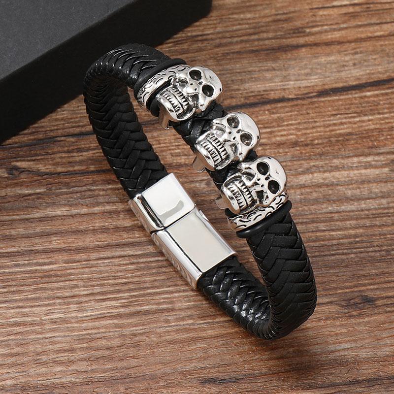 

Viking Cuff Bangle Leather Punk Braclet Mens Wristband Hand New Leather Braided Steampunk Skull Charm Bracelet for Men