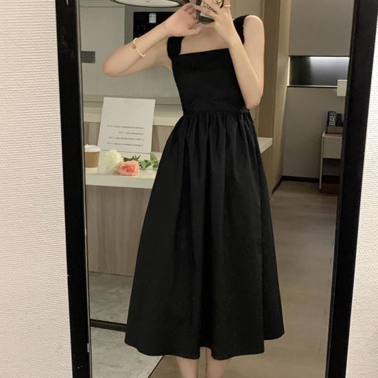 Čtvercový výstřih Bez rukávů Jednobarevné Zúžené v pase Letní šaty Sladké Elastický ramenní popruh Rozšířený velký lem Šaty na ramínka Streetwear