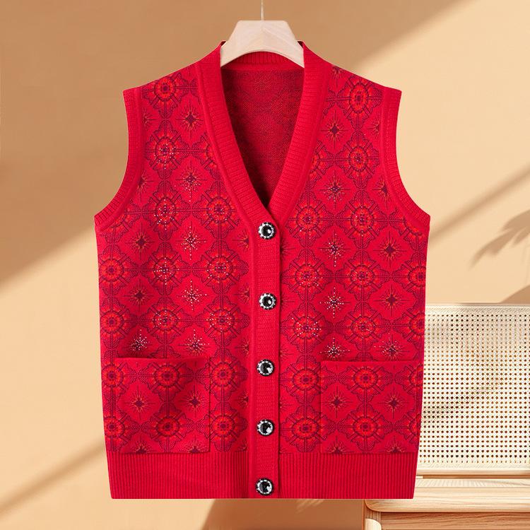 Elderly Autumn Vest Female Mother Wearing Sweater Vest Inside and Grandma Wearing Sweater Outside and Knitted Sweater Horse Clip Waistcoat