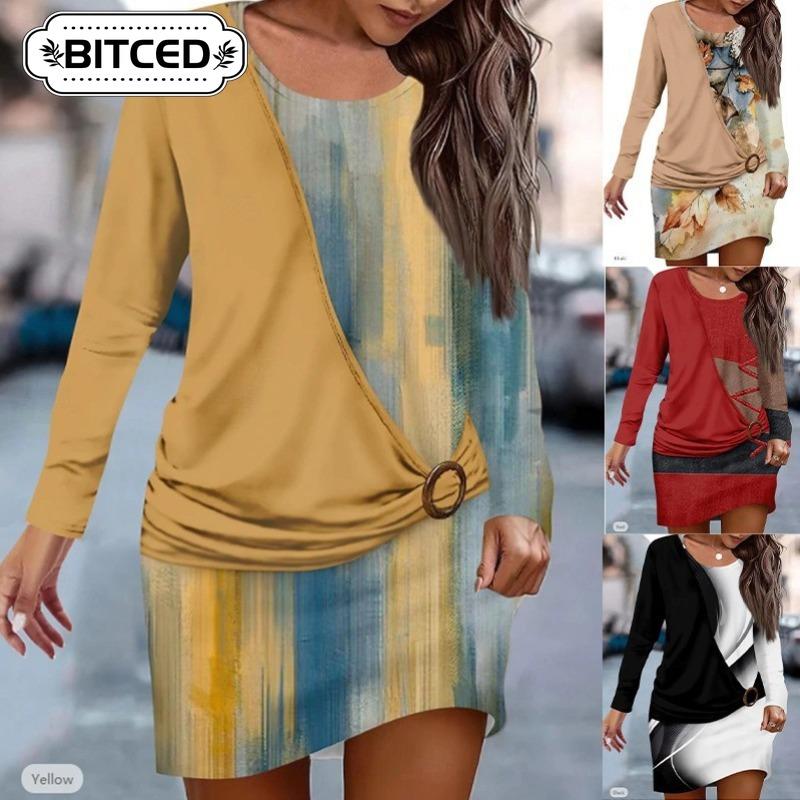 BITCED Moda Sonbahar Kış Uzun Kollu O Yaka Günlük Elbiseler