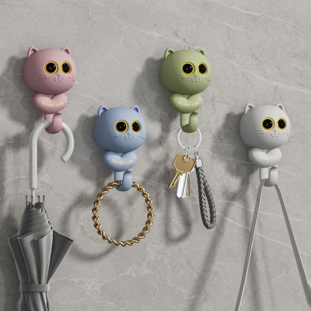 Wall Hanging Cat Blink Eyes Hook Free Punching Key Holder Cartoon Cat Hooks Entrance