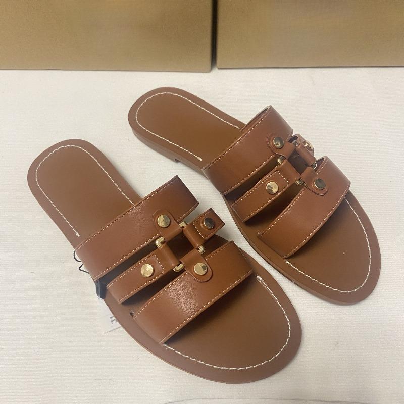 Summer Flat Bottom Women Beach Shoes Leather Metal Belt Decoration Breathable Casual Outside Female Slippers Large Size Slides 36