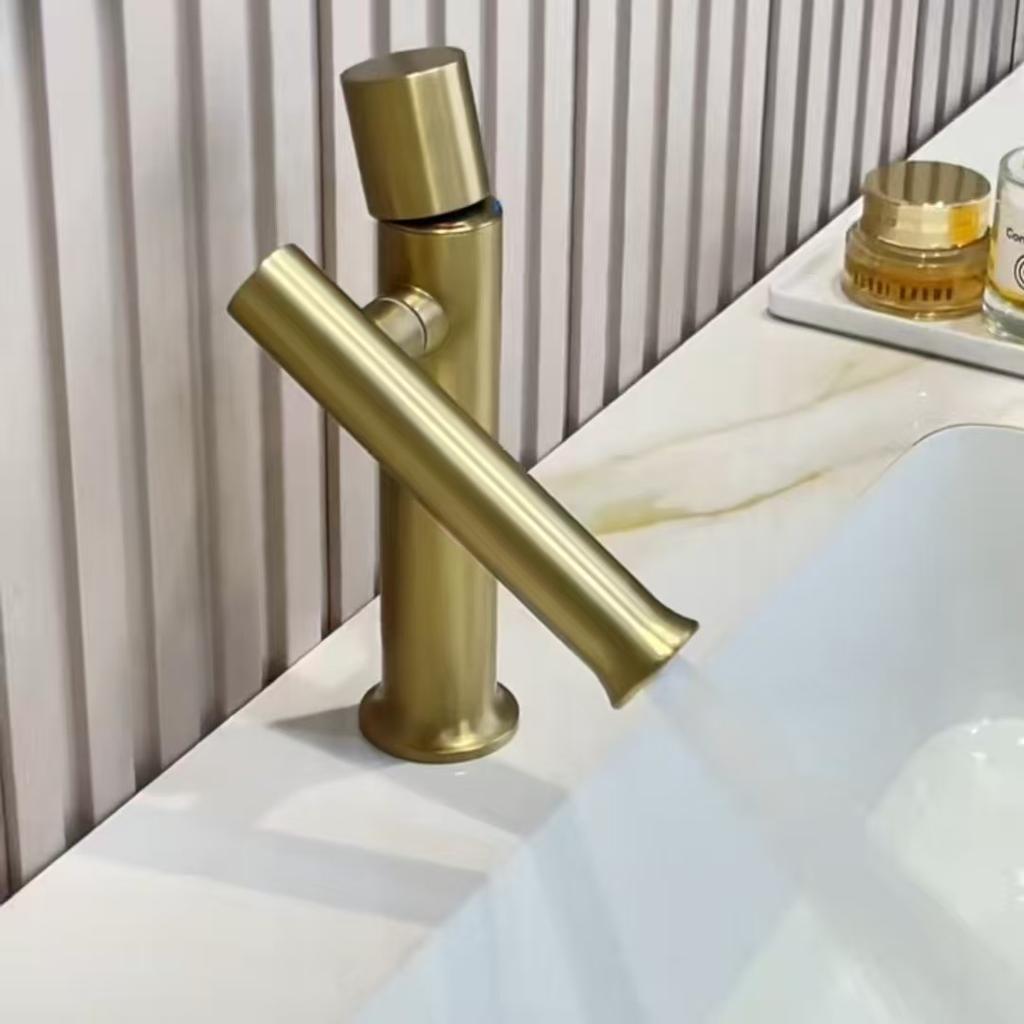 Gray/Brushed Gold Folded Basin Faucet 304 Stainless Steel Hot Cold Rotation Sink Mixer Sink Tap Lever Lavatory Tap for Bathroom