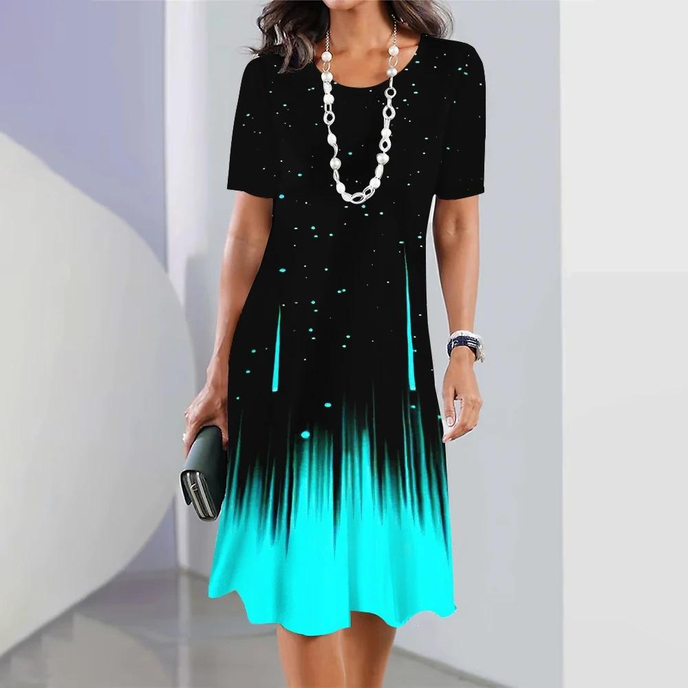 Elegant Fashion Short Sleeve T-shirt Dress Beach Vacation Midi Dresses Women 3d Print Clothing